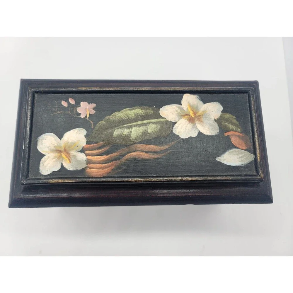 Vintage Wooden Hand Painted Hinged Trinket Box Floral